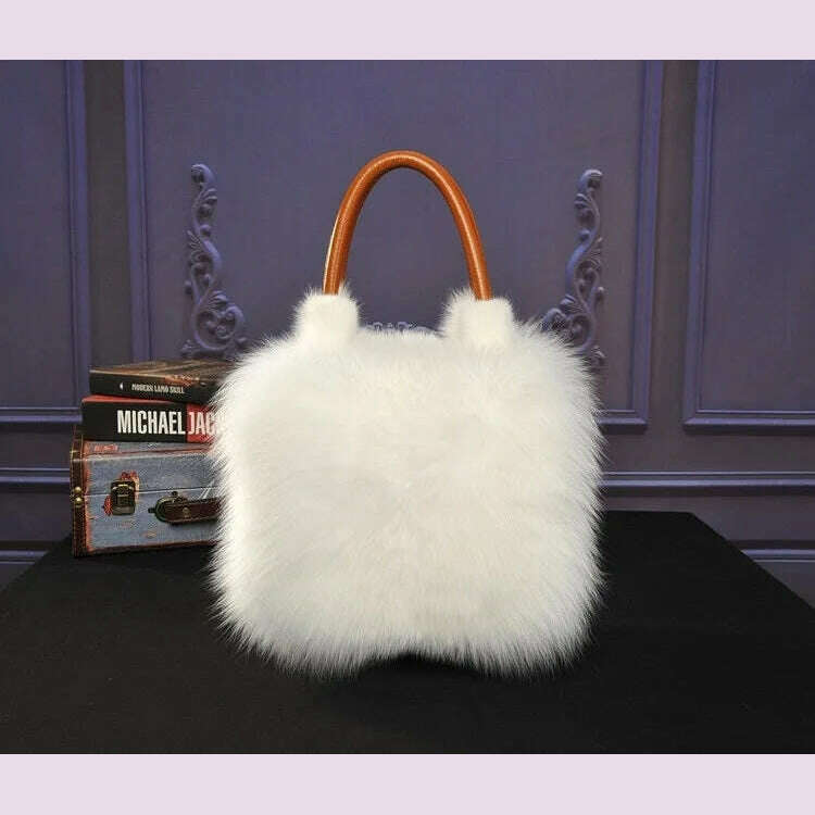 KIMLUD, Fox Fur Bag Handbag Ladies Bag Purses And Handbags Fluffy Warm bag Single Shoulder Crossbody Bags Silver Fox Fur Lady Clutch Bag, White, KIMLUD APPAREL - Womens Clothes