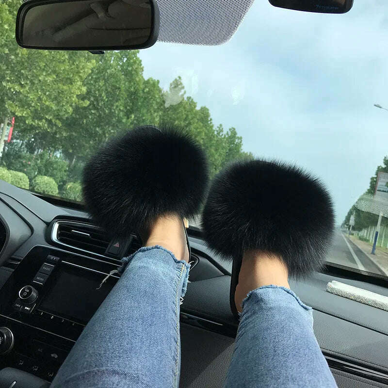 KIMLUD, Fox Fur Slippers Women Summer Furry Home Outdoor Flat Sandals Casual Boys Raccoon Slides High Quality Luxury Flip Flops Shoes, 11(44-45) / black, KIMLUD APPAREL - Womens Clothes