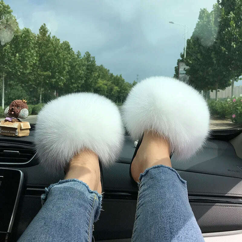 KIMLUD, Fox Fur Slippers Women Summer Furry Home Outdoor Flat Sandals Casual Boys Raccoon Slides High Quality Luxury Flip Flops Shoes, 11(44-45) / white, KIMLUD APPAREL - Womens Clothes