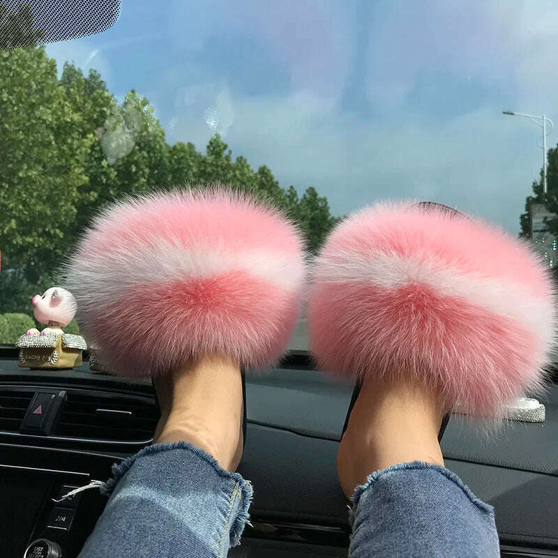 KIMLUD, Fox Fur Slippers Women Summer Furry Home Outdoor Flat Sandals Casual Boys Raccoon Slides High Quality Luxury Flip Flops Shoes, 11(44-45) / White meat powder, KIMLUD APPAREL - Womens Clothes