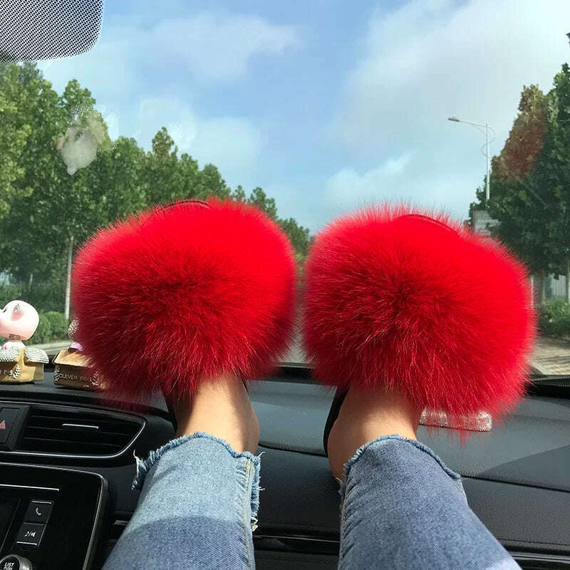 KIMLUD, Fox Fur Slippers Women Summer Furry Home Outdoor Flat Sandals Casual Boys Raccoon Slides High Quality Luxury Flip Flops Shoes, 11(44-45) / red, KIMLUD APPAREL - Womens Clothes