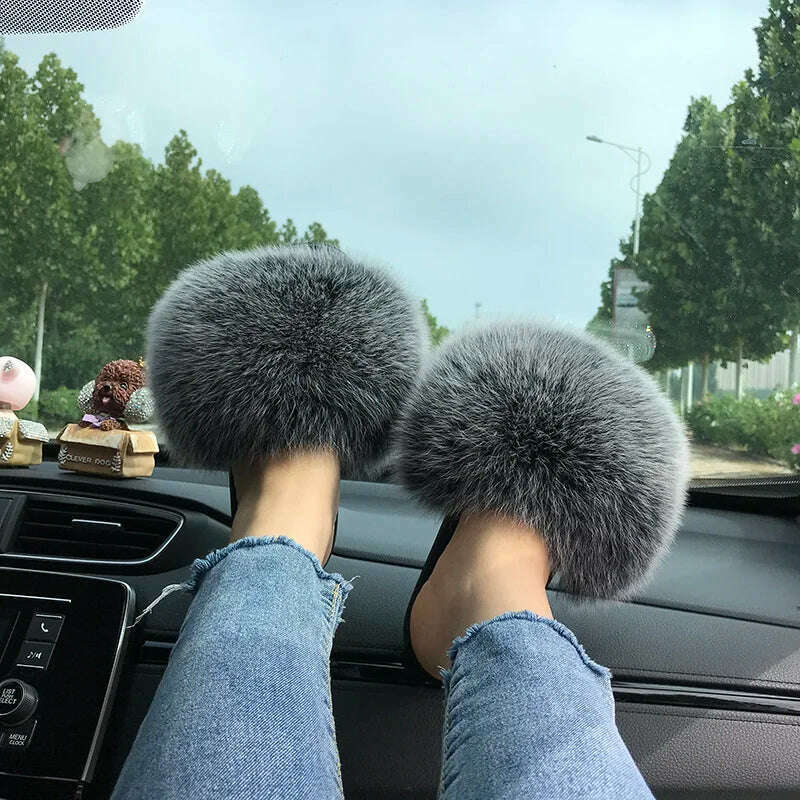 KIMLUD, Fox Fur Slippers Women Summer Furry Home Outdoor Flat Sandals Casual Boys Raccoon Slides High Quality Luxury Flip Flops Shoes, KIMLUD Womens Clothes