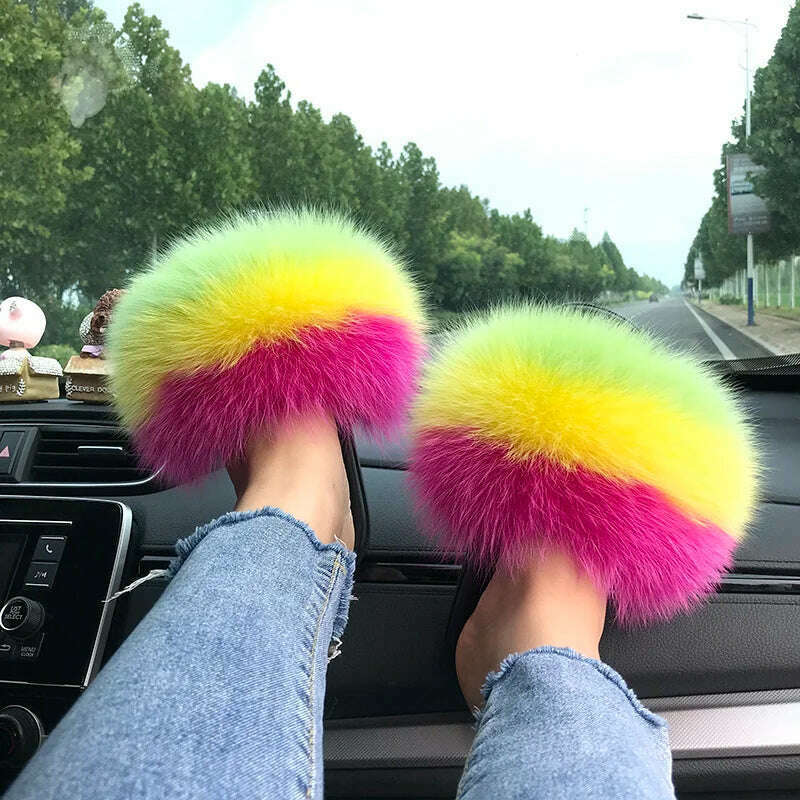 KIMLUD, Fox Fur Slippers Women Summer Furry Home Outdoor Flat Sandals Casual Boys Raccoon Slides High Quality Luxury Flip Flops Shoes, KIMLUD Womens Clothes