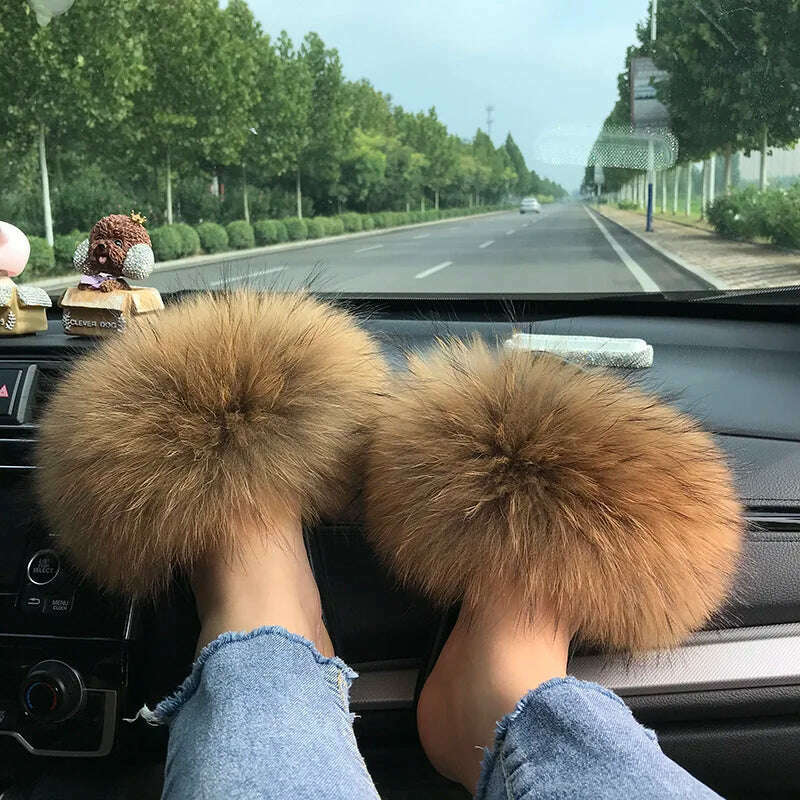 KIMLUD, Fox Fur Slippers Women Summer Furry Home Outdoor Flat Sandals Casual Boys Raccoon Slides High Quality Luxury Flip Flops Shoes, KIMLUD Womens Clothes