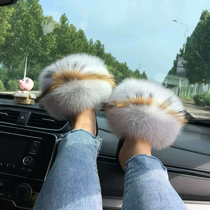 KIMLUD, Fox Fur Slippers Women Summer Furry Home Outdoor Flat Sandals Casual Boys Raccoon Slides High Quality Luxury Flip Flops Shoes, KIMLUD Womens Clothes