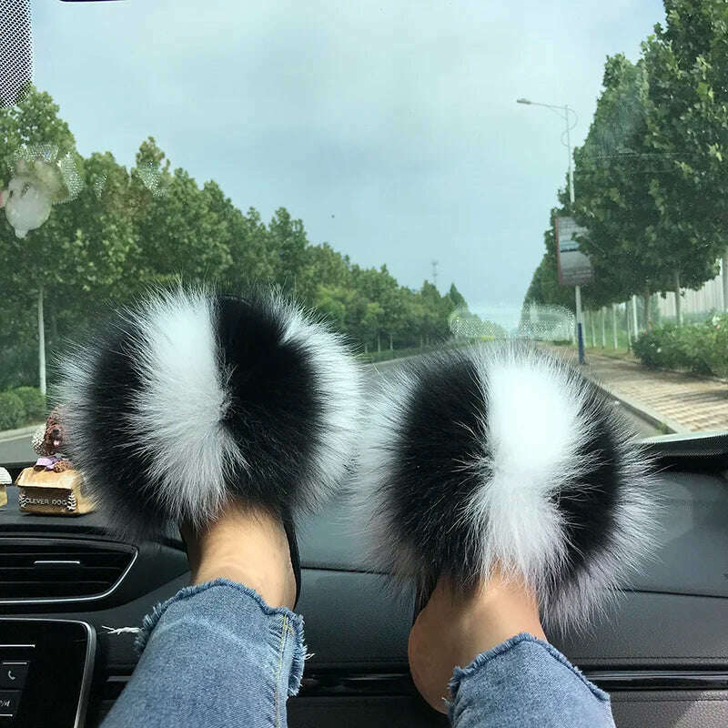 KIMLUD, Fox Fur Slippers Women Summer Furry Home Outdoor Flat Sandals Casual Boys Raccoon Slides High Quality Luxury Flip Flops Shoes, KIMLUD Womens Clothes