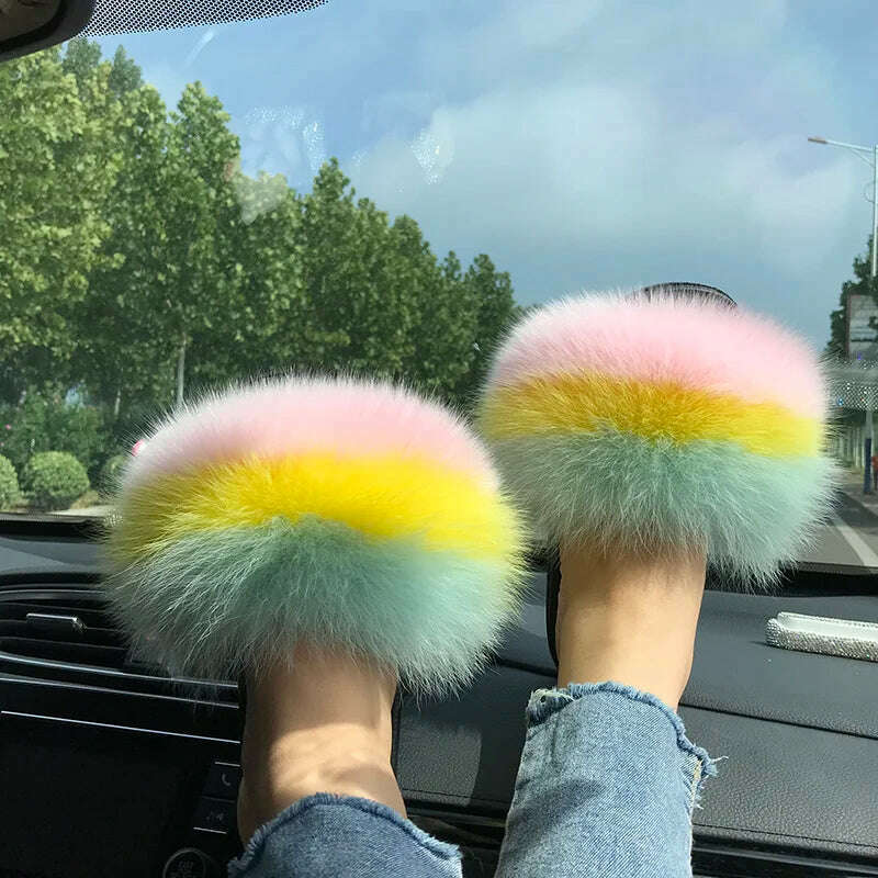 KIMLUD, Fox Fur Slippers Women Summer Furry Home Outdoor Flat Sandals Casual Boys Raccoon Slides High Quality Luxury Flip Flops Shoes, KIMLUD Womens Clothes