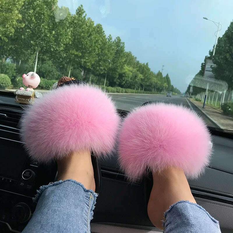 KIMLUD, Fox Fur Slippers Women Summer Furry Home Outdoor Flat Sandals Casual Boys Raccoon Slides High Quality Luxury Flip Flops Shoes, KIMLUD Womens Clothes