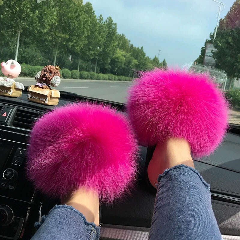 Fox Fur Slippers Women Summer Furry Home Outdoor Flat Sandals Casual Boys Raccoon Slides High Quality Luxury Flip Flops Shoes - KIMLUD