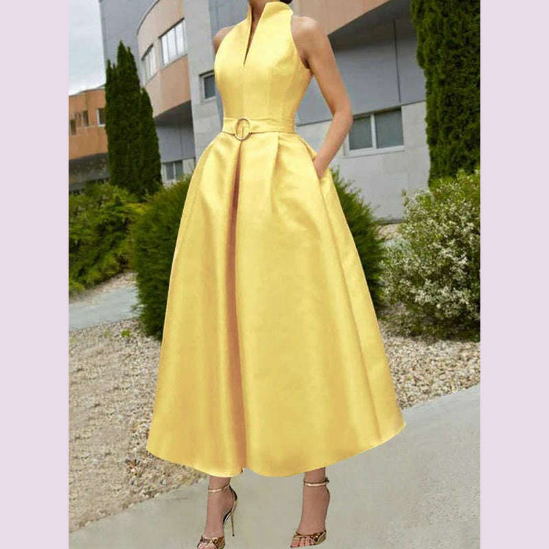 KIMLUD, Freeacy 2024 Stylish Belted A-line Dress Stand Collar V-neck Sleeveless Evening Dresses Solid Color High Waist Pleated Dress, Yellow / XXL, KIMLUD APPAREL - Womens Clothes