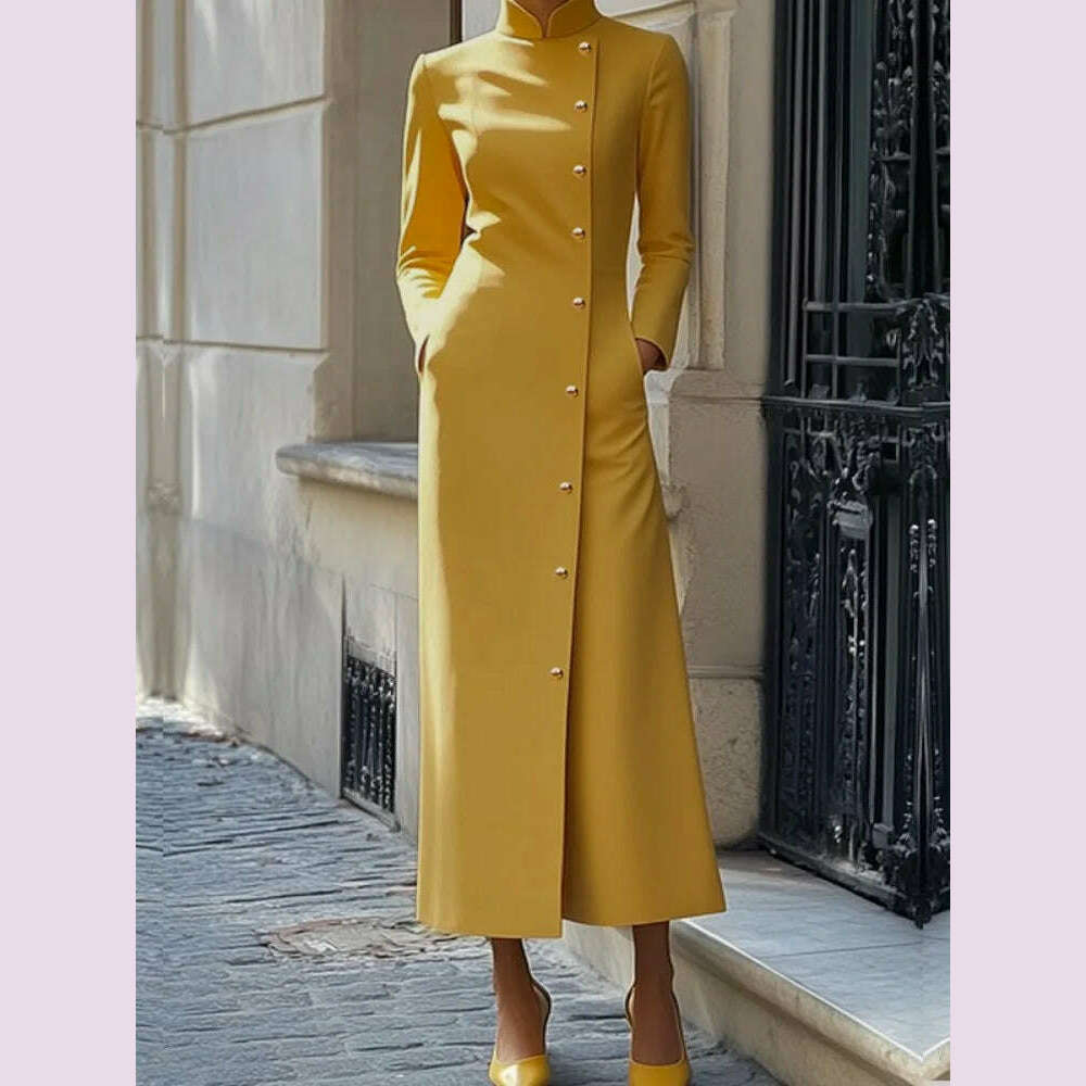 KIMLUD, Freeacy Solid Color Dress for Women Stand Collar Long Sleeves Single-breasted H-Line Midi Dress Autumn Fashion High Street Dress, Yellow / S, KIMLUD APPAREL - Womens Clothes