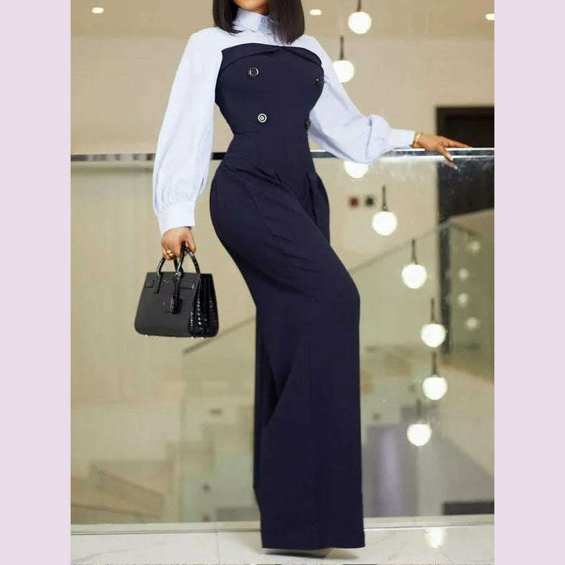 KIMLUD, Freeacy Urban Women's Work Suit Lapel Collar Long Sleeves Split-join High Waist Loose Overalls Wide Leg Floor Length Jumpsuits, DEEP BLUE / S, KIMLUD APPAREL - Womens Clothes