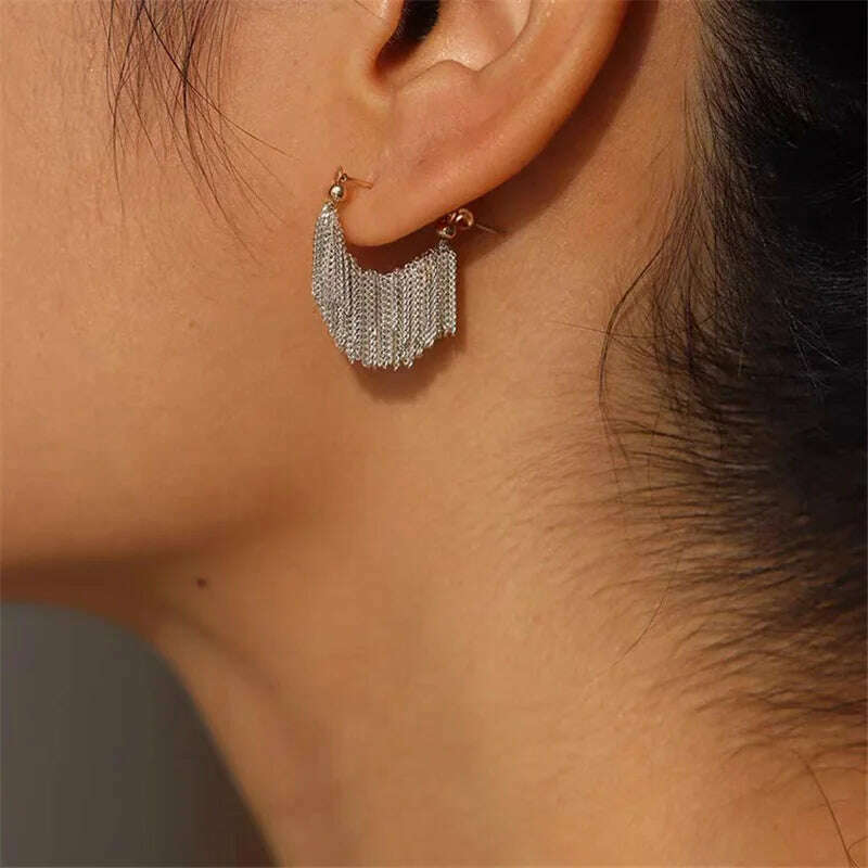 KIMLUD, French Luxury Silver Color Chain Waterfall Tassel Long Earrings 2023 New Design Jewelry Party Women's Exaggerated Accessories, KIMLUD Womens Clothes