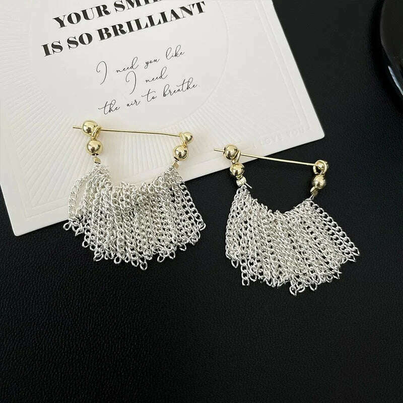 KIMLUD, French Luxury Silver Color Chain Waterfall Tassel Long Earrings 2023 New Design Jewelry Party Women's Exaggerated Accessories, KIMLUD Womens Clothes