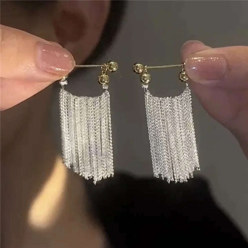 KIMLUD, French Luxury Silver Color Chain Waterfall Tassel Long Earrings 2023 New Design Jewelry Party Women's Exaggerated Accessories, M, KIMLUD APPAREL - Womens Clothes