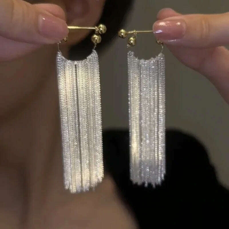 French Luxury Silver Color Chain Waterfall Tassel Long Earrings 2023 New Design Jewelry Party Women's Exaggerated Accessories - KIMLUD