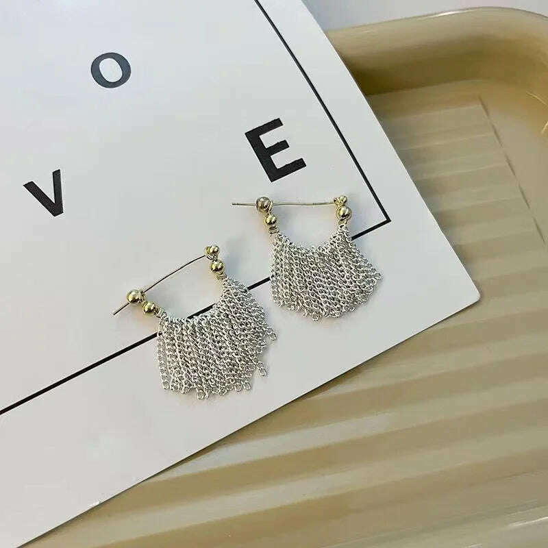 KIMLUD, French Luxury Silver Color Chain Waterfall Tassel Long Earrings 2023 New Design Jewelry Party Women's Exaggerated Accessories, S, KIMLUD APPAREL - Womens Clothes