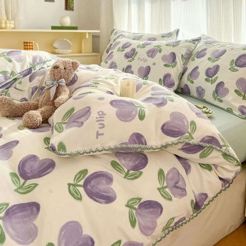 Fresh Botanical Floral Bedding Set for Kids and Adults, Leaves, Flower Duvet Cover, Pillowcases, Soft Washed Cotton, Home Textil - KIMLUD