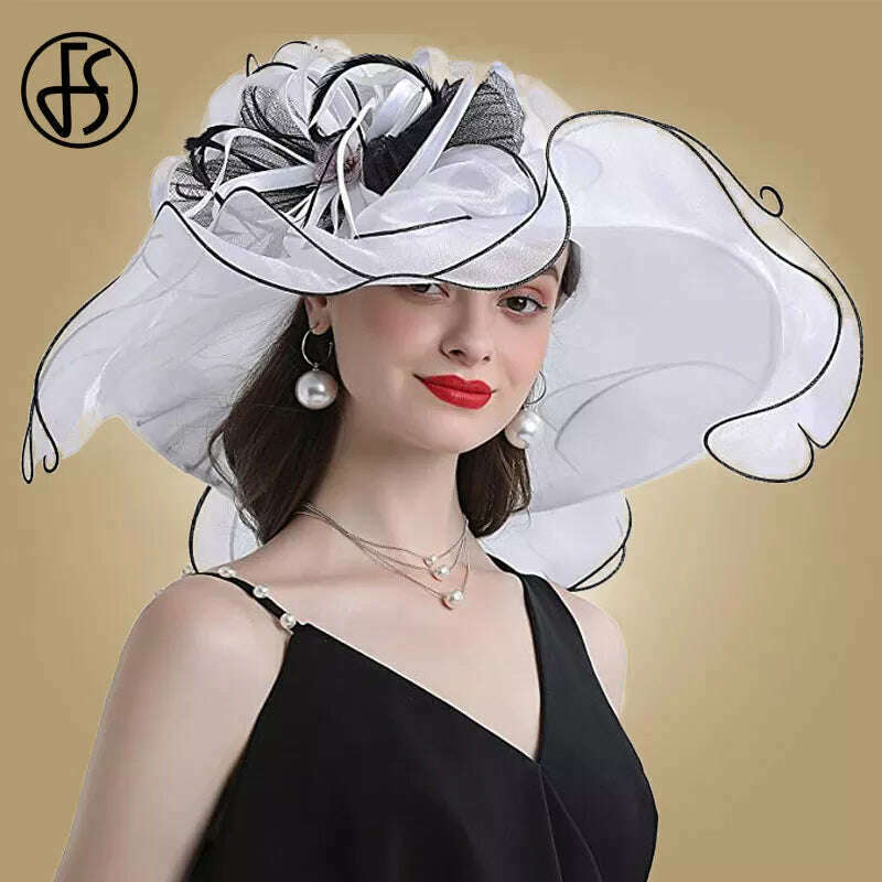 KIMLUD, FS Big Brim Fedora Hats For Women Organza White Sun Hats Flower Ladies Wedding Party Kentucky Wide Church Fedoras, White / M (56-58CM), KIMLUD APPAREL - Womens Clothes