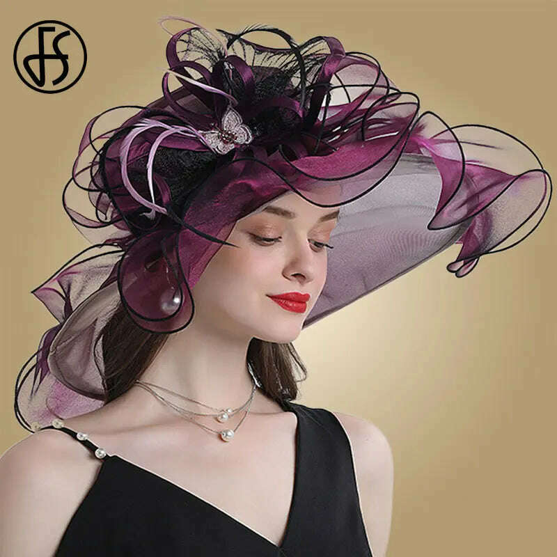 KIMLUD, FS Big Brim Fedora Hats For Women Organza White Sun Hats Flower Ladies Wedding Party Kentucky Wide Church Fedoras, Purple Red / M (56-58CM), KIMLUD APPAREL - Womens Clothes