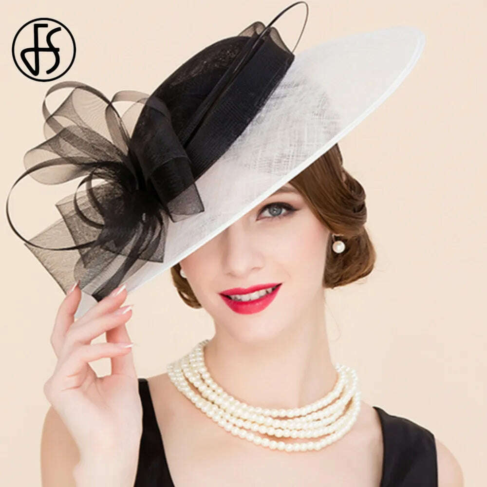 KIMLUD, FS Black And White Patchwork Fascinator Hats For Wedding Church Sinamay Hats With Bowknot Kentucky Derby Hat Fedora Tea Party, White And Black, KIMLUD APPAREL - Womens Clothes