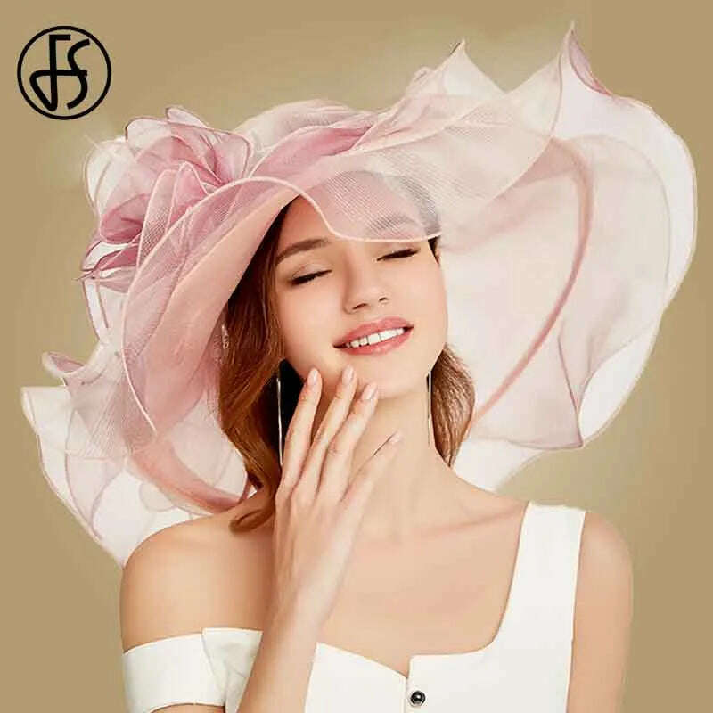 KIMLUD, FS Pink Kentucky Derby Hat For Women Organza Sun Hats Flowers Elegant Large Wide Brim Ladies Wedding Church Fedoras, Pink Sun Hat / 56-58CM, KIMLUD APPAREL - Womens Clothes