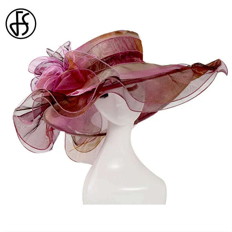 KIMLUD, FS Pink Kentucky Derby Hat For Women Organza Sun Hats Flowers Elegant Large Wide Brim Ladies Wedding Church Fedoras, Purple Sun Hat / 56-58CM, KIMLUD APPAREL - Womens Clothes