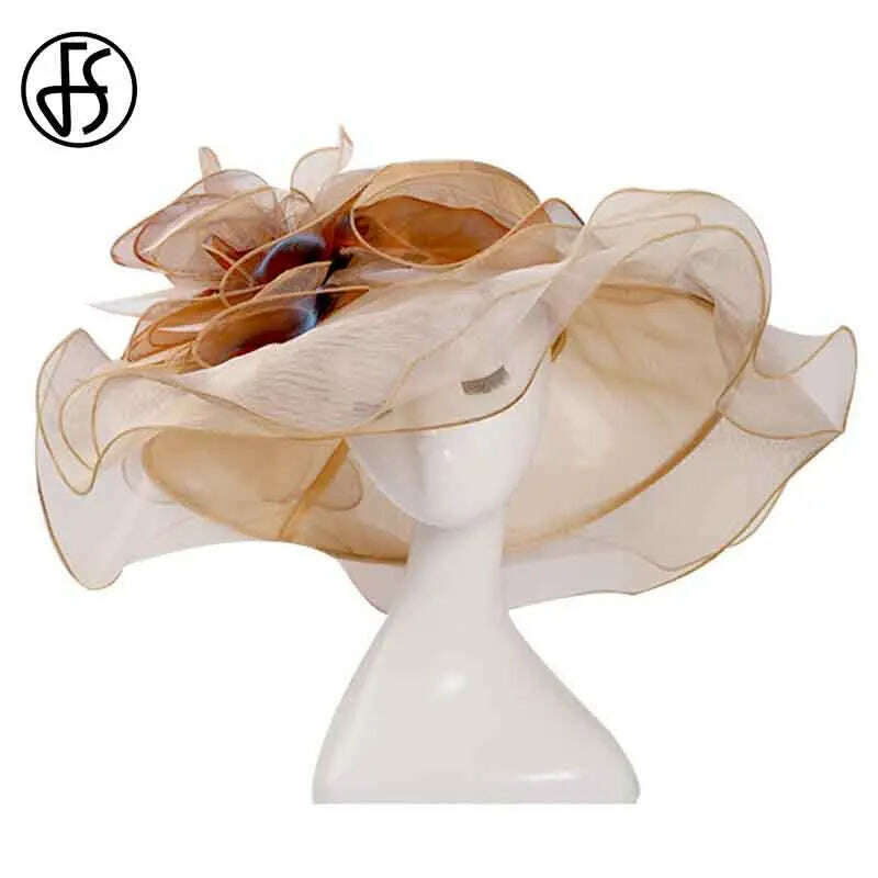 KIMLUD, FS Pink Kentucky Derby Hat For Women Organza Sun Hats Flowers Elegant Large Wide Brim Ladies Wedding Church Fedoras, Beige Yellow Sun Hat / 56-58CM, KIMLUD APPAREL - Womens Clothes