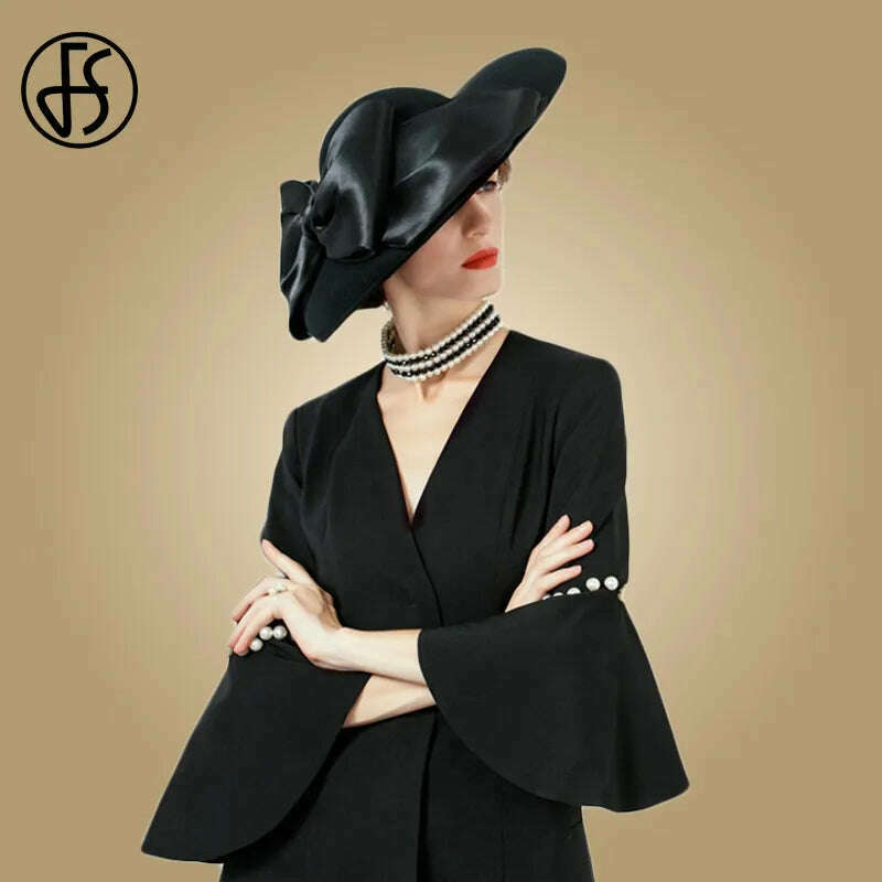 KIMLUD, FS Women Black Hat Large Wide Brim Wool Felt Fedoras Hats Winter Church Hat For Wedding Bowler Cloche Hats Derby Sombrero Mujer, KIMLUD Womens Clothes