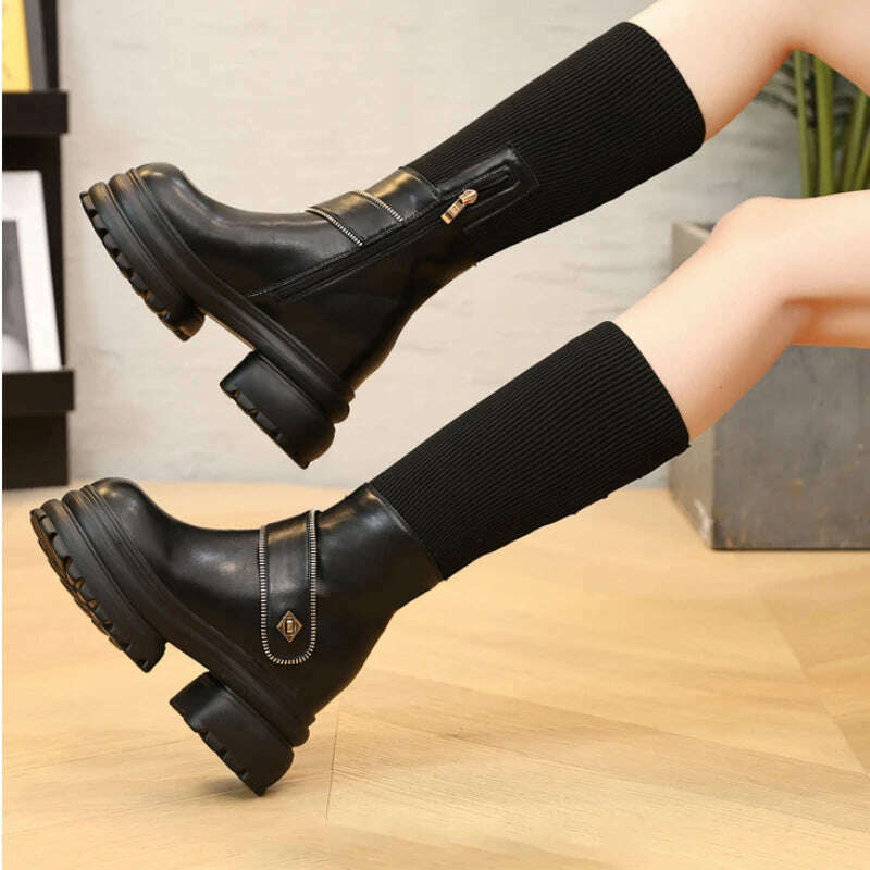 Fujin 8cm New Sock Genuine Leather Stretch Fabric Booties Block Knee High Boots Women Platform Wedge Fashion Autumn Spring Shoes - KIMLUD