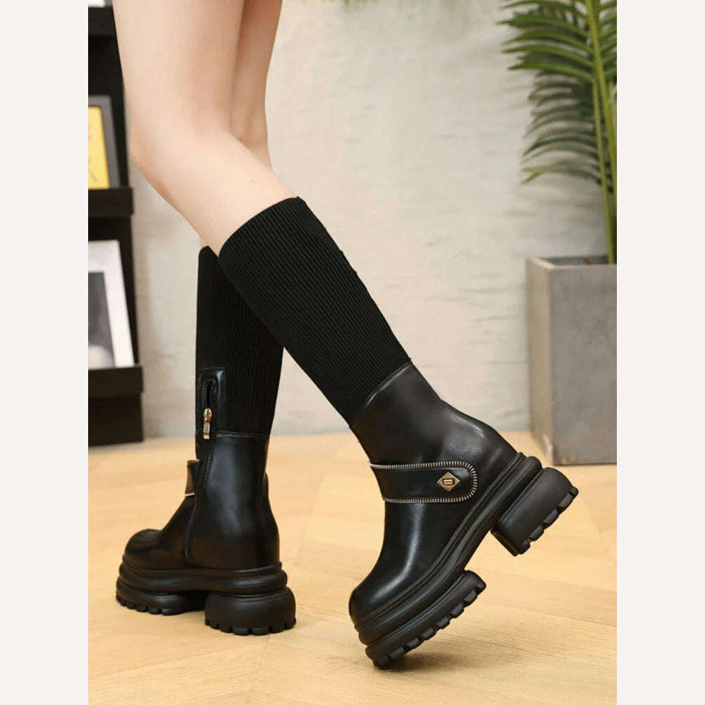 Fujin 8cm New Sock Genuine Leather Stretch Fabric Booties Block Knee High Boots Women Platform Wedge Fashion Autumn Spring Shoes - KIMLUD