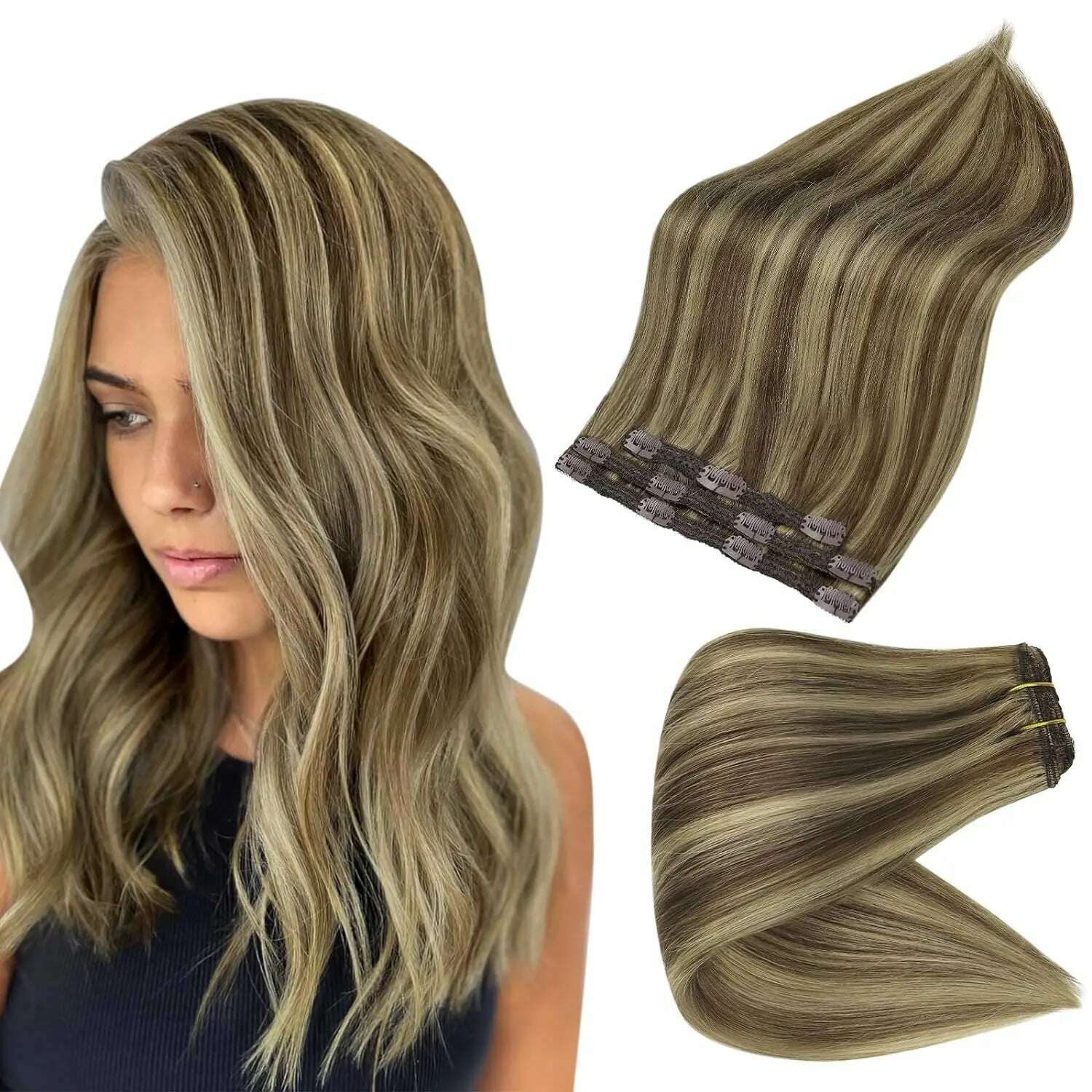 Full Shine 50 Grams Clip in Hair Extensions Human Hair Ombre Color 3Pcs Human Hair Clip in Extensions for Women - KIMLUD