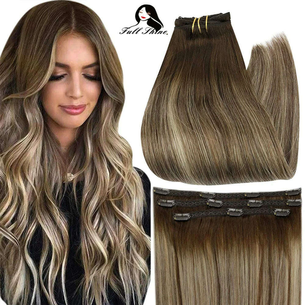 Full Shine 50 Grams Clip in Hair Extensions Human Hair Ombre Color 3Pcs Human Hair Clip in Extensions for Women - KIMLUD