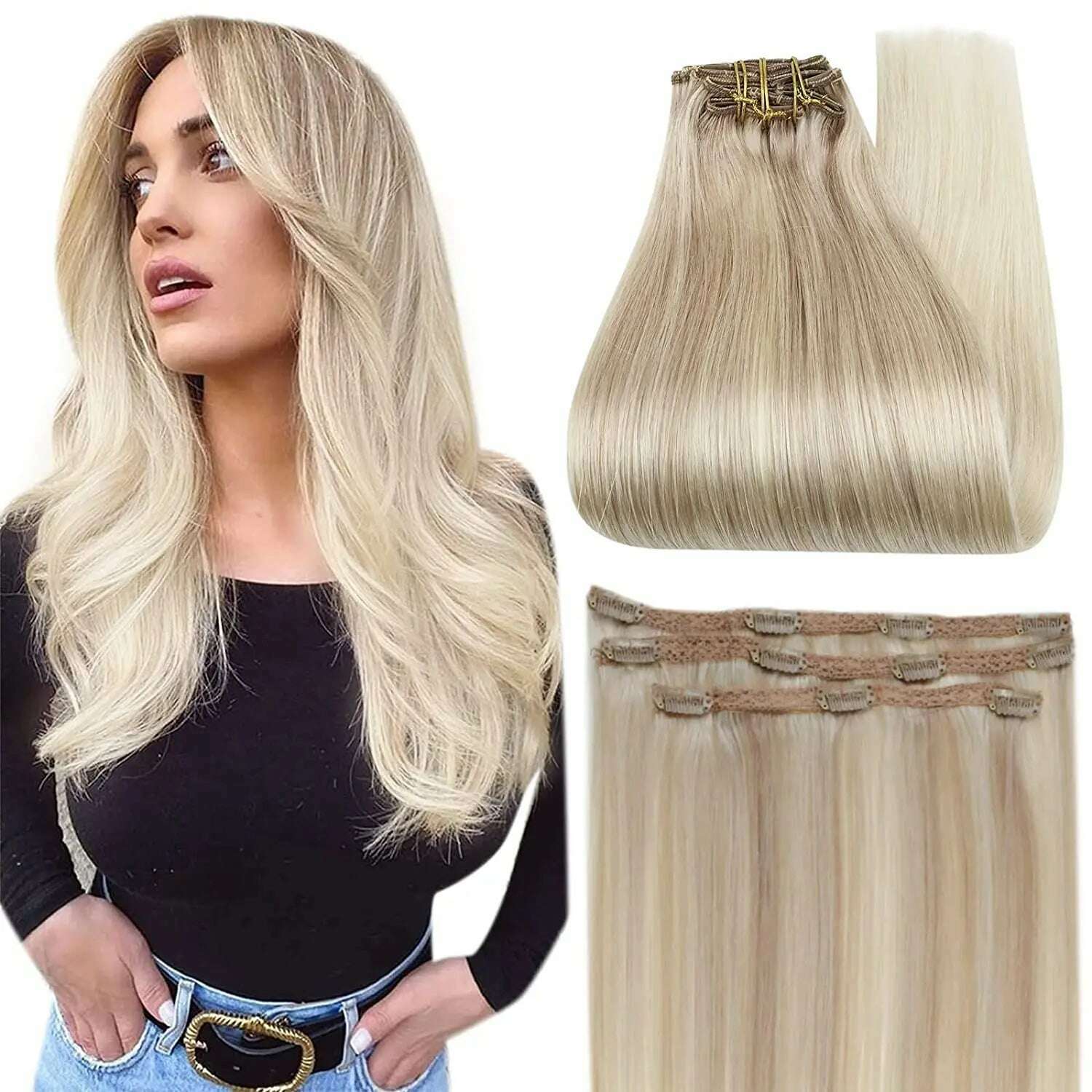 Full Shine 50 Grams Clip in Hair Extensions Human Hair Ombre Color 3Pcs Human Hair Clip in Extensions for Women - KIMLUD