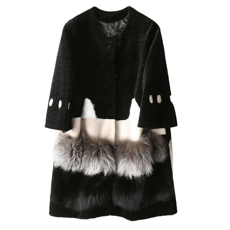 KIMLUD, Fur 2023 Coat Real Autumn Winter Wool Coat Fox Fur Splice Long Coats Ladies Korean Jacket Manteau Femme Hiver KJ780, black / S, KIMLUD APPAREL - Womens Clothes