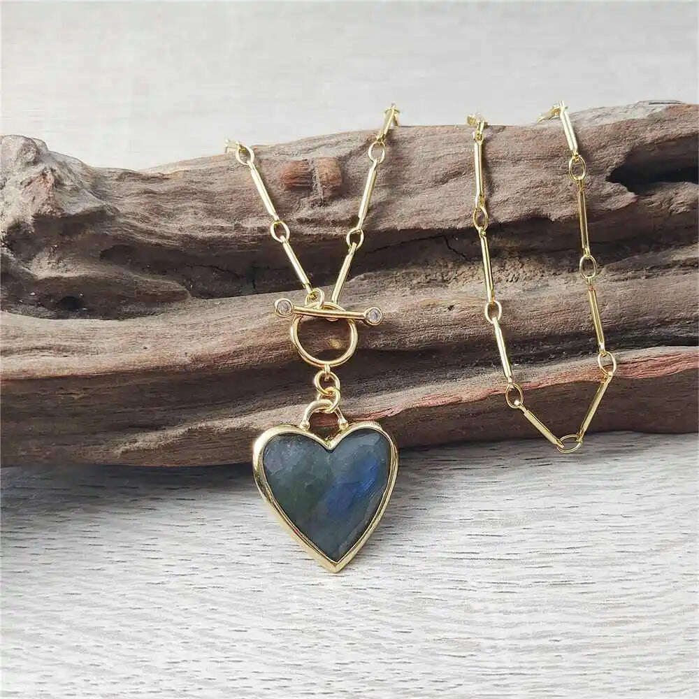 KIMLUD, FUWO Handcrafted Natural Labradorite Necklace,Golden OT Buckle Chain Heart-Shaped Semi-Precious Stone Jewelry For Women (NC475), KIMLUD Womens Clothes