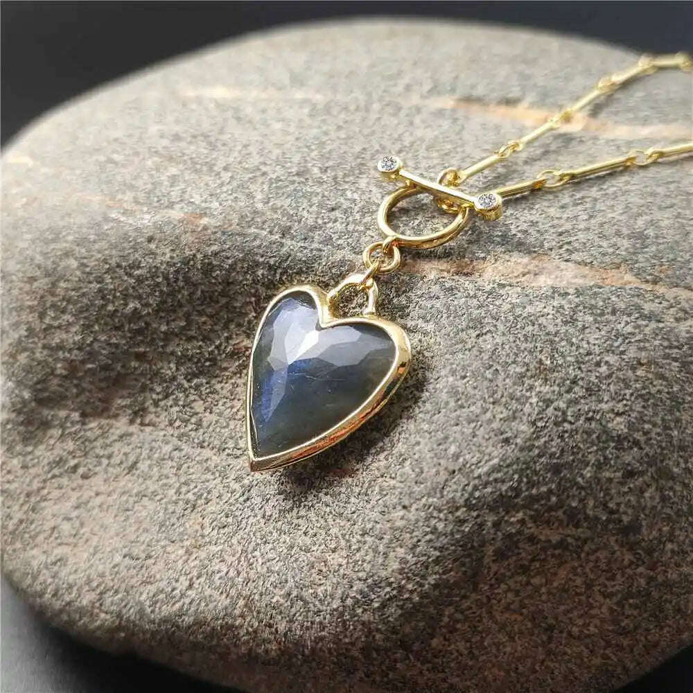 KIMLUD, FUWO Handcrafted Natural Labradorite Necklace,Golden OT Buckle Chain Heart-Shaped Semi-Precious Stone Jewelry For Women (NC475), KIMLUD Womens Clothes