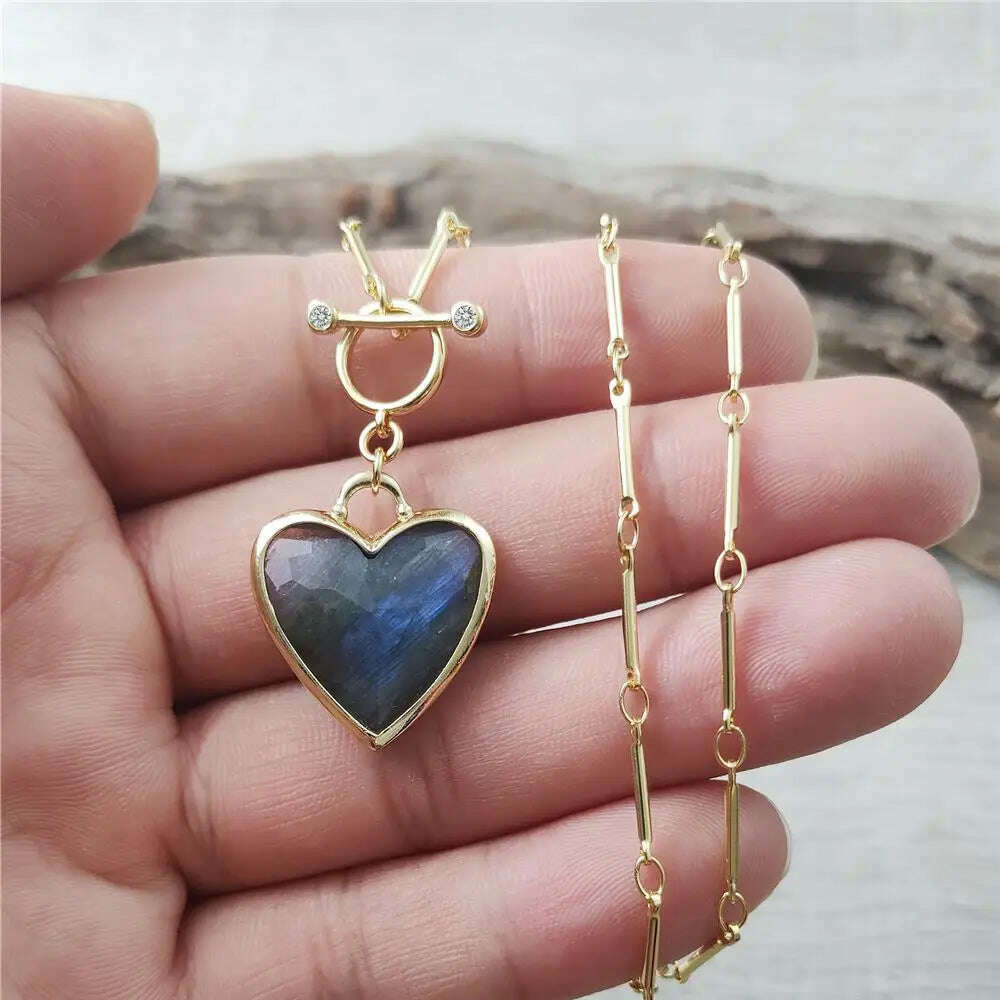 KIMLUD, FUWO Handcrafted Natural Labradorite Necklace,Golden OT Buckle Chain Heart-Shaped Semi-Precious Stone Jewelry For Women (NC475), KIMLUD Womens Clothes