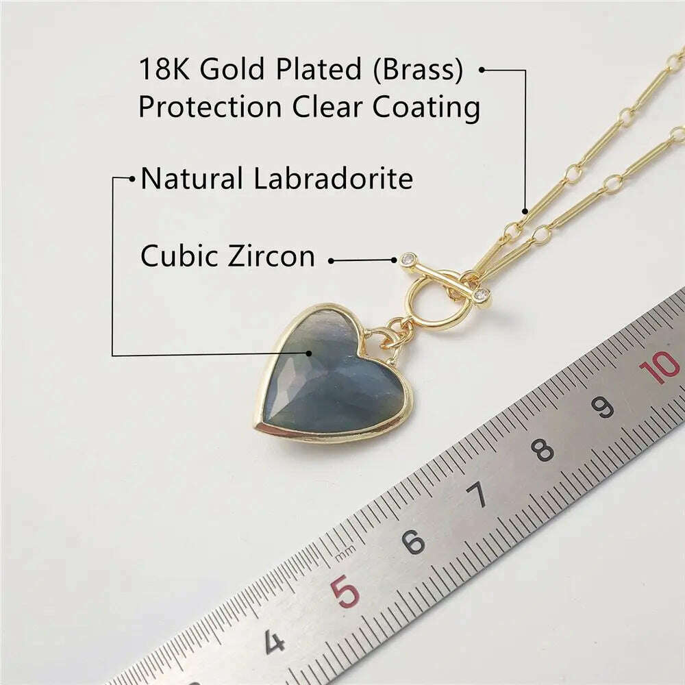 KIMLUD, FUWO Handcrafted Natural Labradorite Necklace,Golden OT Buckle Chain Heart-Shaped Semi-Precious Stone Jewelry For Women (NC475), KIMLUD Womens Clothes