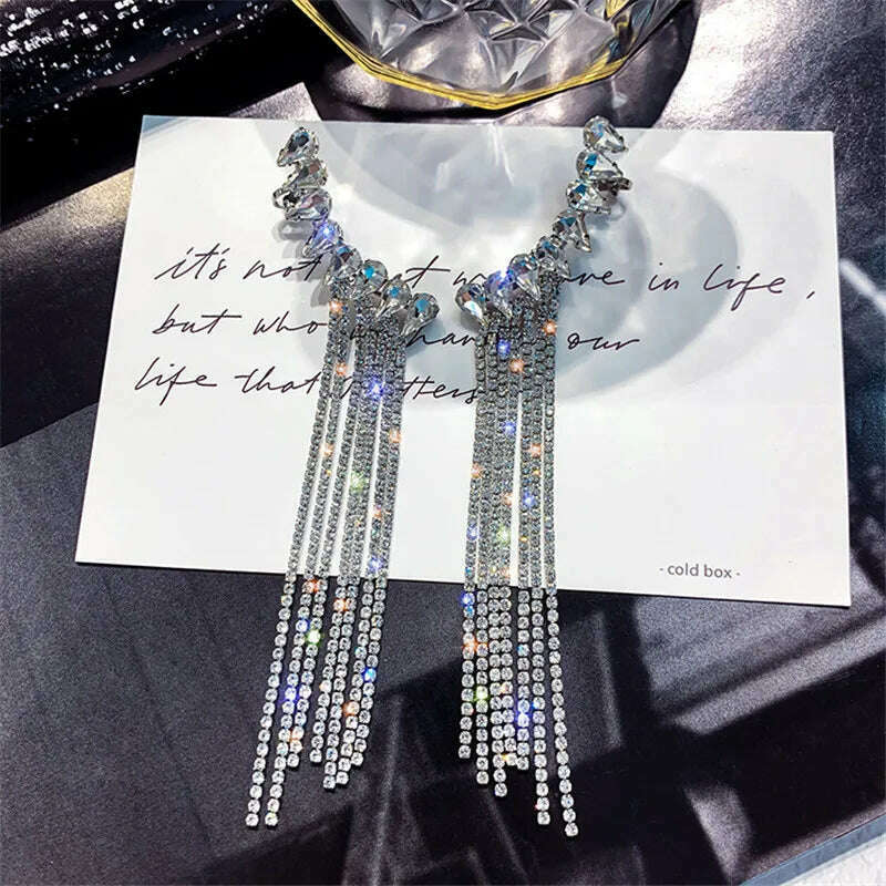 KIMLUD, FYUAN Fashion Long Tassel Full Rhinestone Drop Earrings for Women Bijoux Shiny Water Drop Crystal Dangle Earrings Jewelry Gifts, KIMLUD Womens Clothes