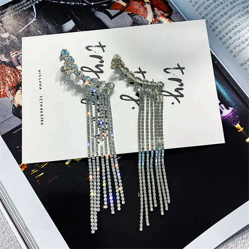 KIMLUD, FYUAN Fashion Long Tassel Full Rhinestone Drop Earrings for Women Bijoux Shiny Water Drop Crystal Dangle Earrings Jewelry Gifts, KIMLUD Womens Clothes