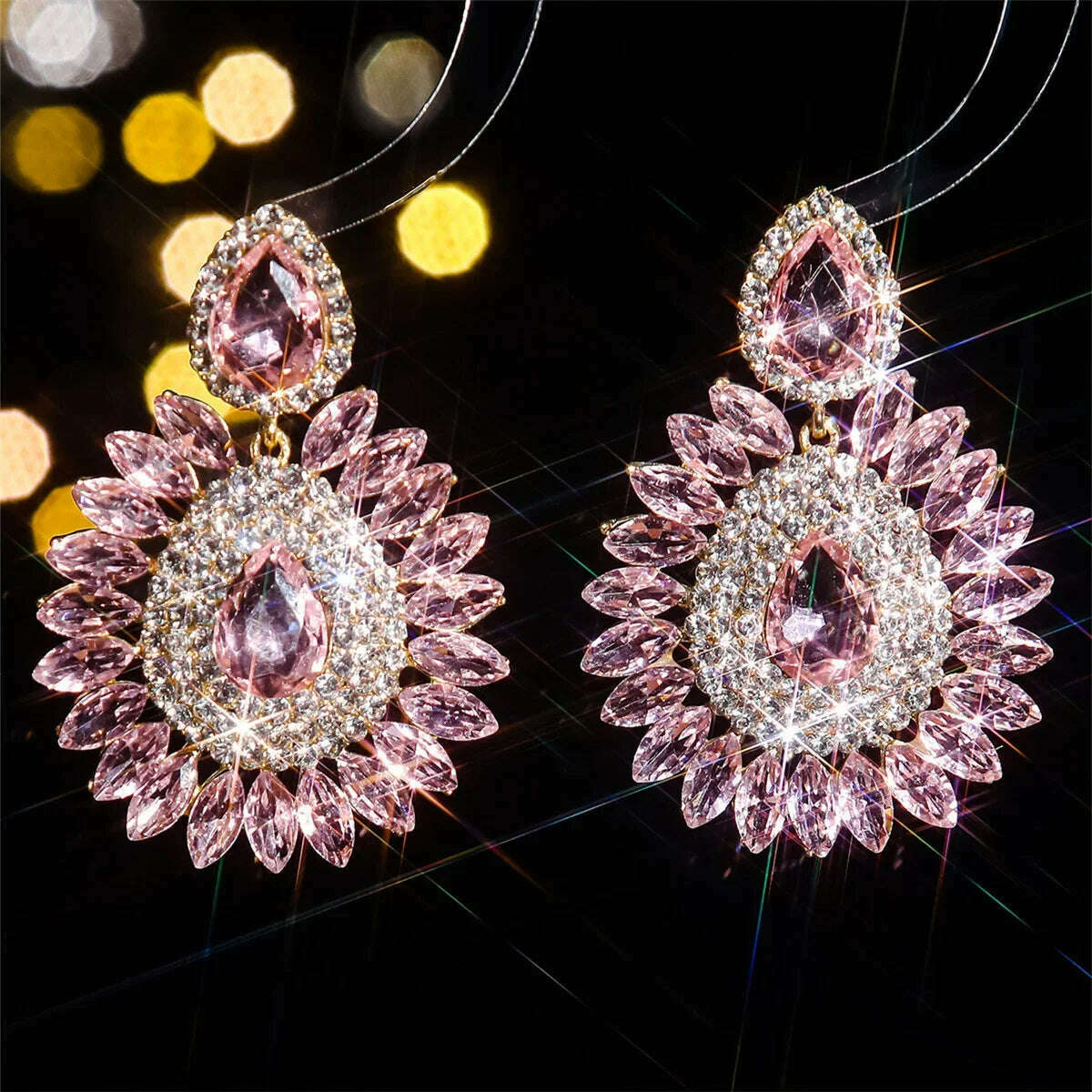 KIMLUD, FYUAN Shine Pink Flower Crystal Drop Earrings Water Drop Geometric Rhinestones Earrings Women Fashion Jewelry, pink, KIMLUD APPAREL - Womens Clothes