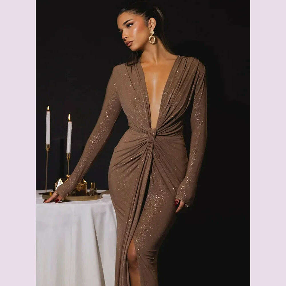 KIMLUD, GACVGA Glitter Deep V Neck Sexy Maxi Dress For Women Autumn Elegant Sparkle Slit Ruched Bodycon Club Party Long Evening Dress, Brown / L, KIMLUD APPAREL - Womens Clothes