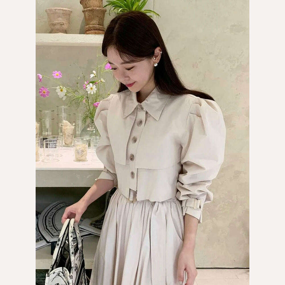 KIMLUD, GALCAUR Solid Fashion Shirts For Women Lapel Long Sleeve Single Breasted Folds Patchwork Korean Short Blouse Female Spring New, KIMLUD Womens Clothes