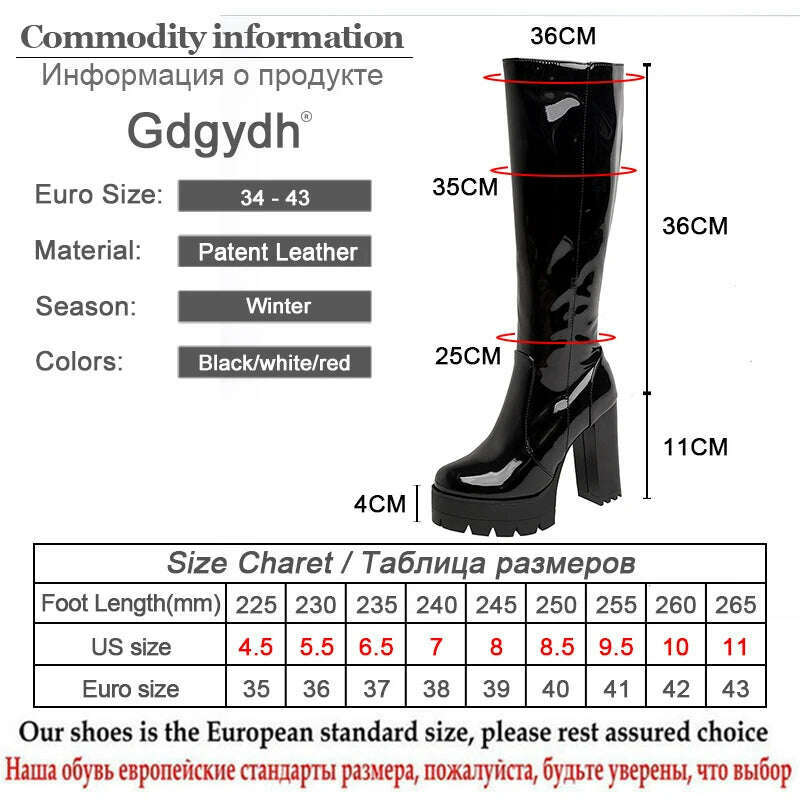 KIMLUD, Gdgydh Patent Leather Platform Long Boots Gothic Black White Fashion Square Heel Knee High Boots Women With Zipper Good Quality, KIMLUD Womens Clothes