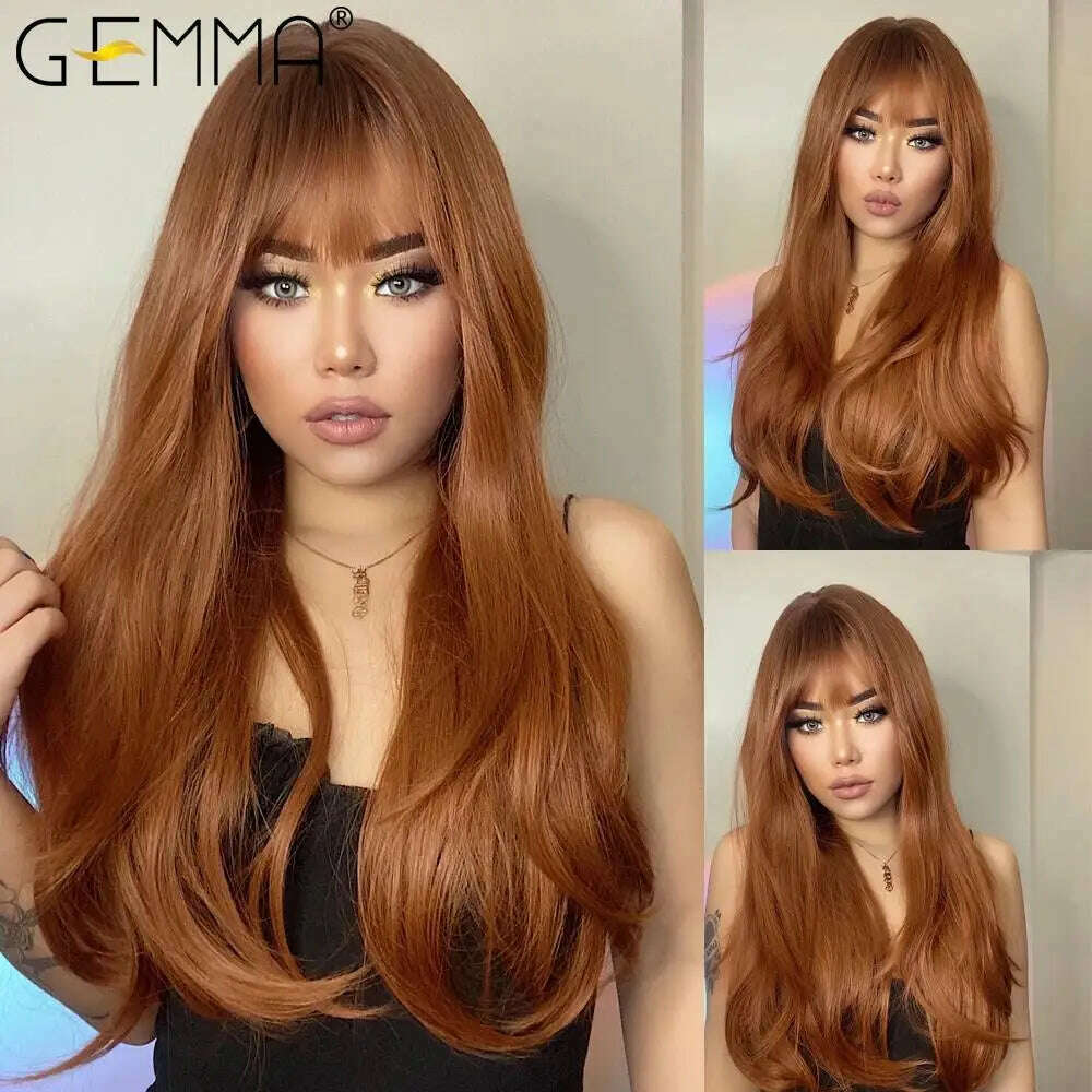 KIMLUD, GEMMA Ombre Brown Blonde Long Straight Synthetic Wigs with Bangs Cosplay Wig for Women High Temperature Natural Fake Hair, KIMLUD Womens Clothes