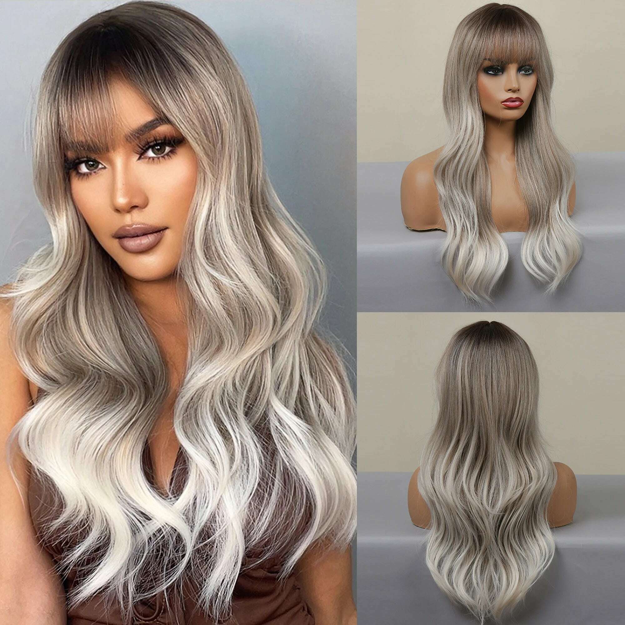 KIMLUD, GEMMA Ombre Brown Blonde Long Straight Synthetic Wigs with Bangs Cosplay Wig for Women High Temperature Natural Fake Hair, LC049-1, KIMLUD APPAREL - Womens Clothes