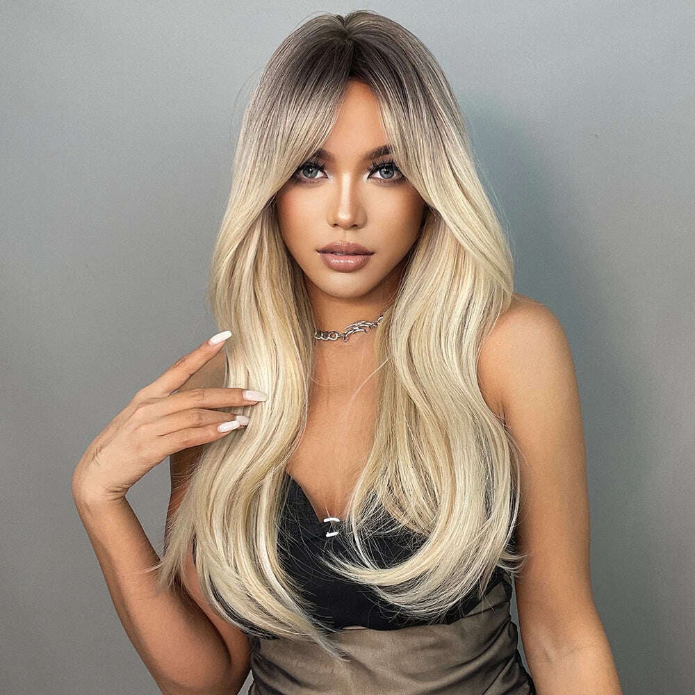 KIMLUD, GEMMA Ombre Brown Blonde Long Straight Synthetic Wigs with Bangs Cosplay Wig for Women High Temperature Natural Fake Hair, KIMLUD Womens Clothes