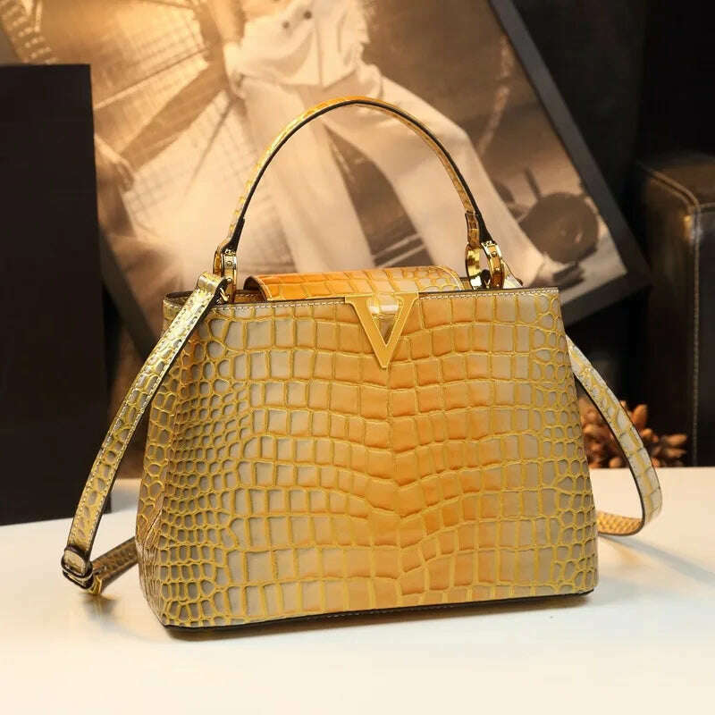 Genuine Leather Gradient Crocodile Pattern Women Handbags Tote Bag Female 2024 V-Shaped Shoudler Messenger Bags Luxury Fashion - KIMLUD