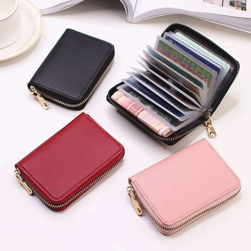 Genuine Leather Men Women Card Holder Small Zipper Wallet Solid Coin Purse Accordion Design rfid ID Business Credit Card Bags - KIMLUD